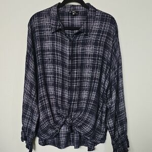 Perch Blu Pepper 3X Navy Plaid Long Sleeve Button Down Shirt with Knot